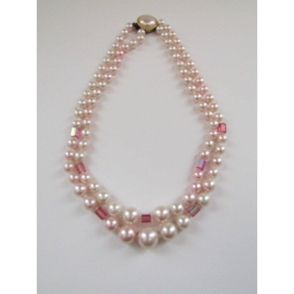 Vtg Pink Double Row Faux Pearl/Rectangle Separator Beads 18" Necklace